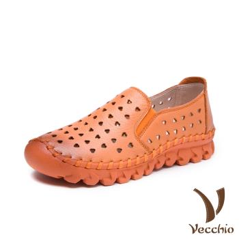【Vecchio】全真皮愛心洞洞超厚軟底手工頭層牛皮舒適樂福鞋 橘