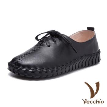 【Vecchio】全真皮個性手工縫線交叉綁帶舒適休閒鞋 黑