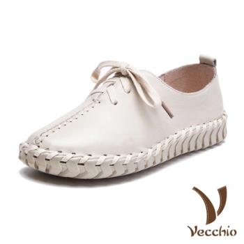 【Vecchio】全真皮個性手工縫線交叉綁帶舒適休閒鞋 白