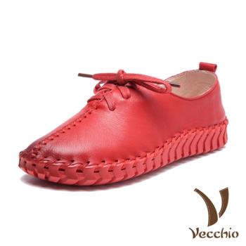 【Vecchio】全真皮個性手工縫線交叉綁帶舒適休閒鞋 紅