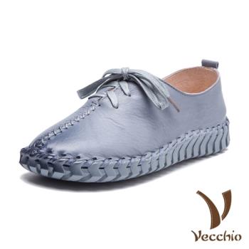 【Vecchio】全真皮個性手工縫線交叉綁帶舒適休閒鞋 灰