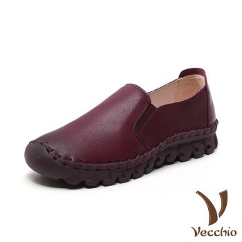 【Vecchio】全真皮手工縫線超軟底舒適經典純色樂福休閒鞋 酒紅
