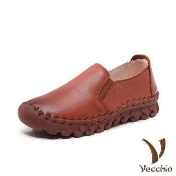 【Vecchio】全真皮手工縫線超軟底舒適經典純色樂福休閒鞋 棕