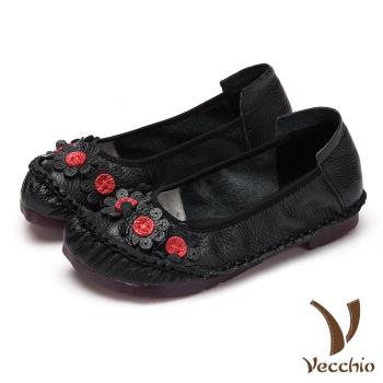 【Vecchio】真皮頭層牛皮手工縫線花朵裝飾低跟舒適單鞋 黑
