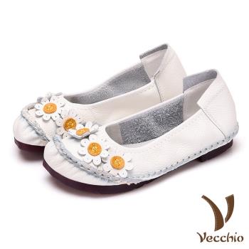 【Vecchio】真皮頭層牛皮手工縫線花朵裝飾低跟舒適單鞋 白