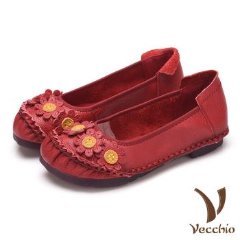 【Vecchio】真皮頭層牛皮手工縫線花朵裝飾低跟舒適單鞋 紅