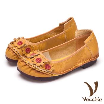 【Vecchio】真皮頭層牛皮手工縫線花朵裝飾低跟舒適單鞋 黃