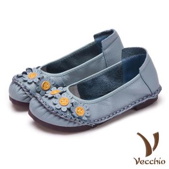【Vecchio】真皮頭層牛皮手工縫線花朵裝飾低跟舒適單鞋 水藍