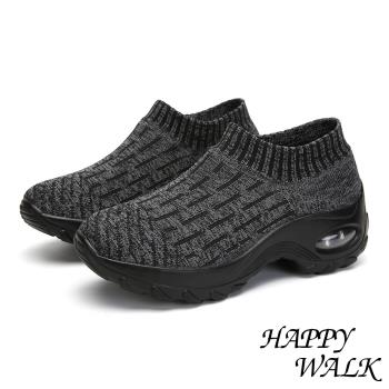 【HAPPY WALK】舒適撞色線條飛織襪套氣墊休閒鞋 黑