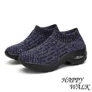 【HAPPY WALK】舒適撞色線條飛織襪套氣墊休閒鞋 藍