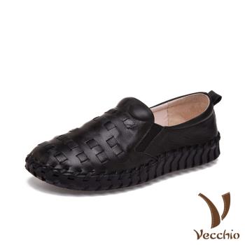 【Vecchio】全真皮編織超厚軟底手工頭層牛皮舒適樂福鞋 黑