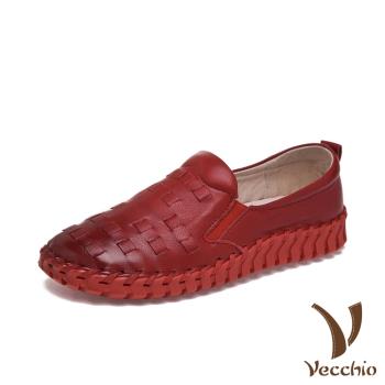 【Vecchio】全真皮編織超厚軟底手工頭層牛皮舒適樂福鞋 紅