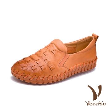 【Vecchio】全真皮編織超厚軟底手工頭層牛皮舒適樂福鞋 橘