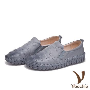 【Vecchio】全真皮編織超厚軟底手工頭層牛皮舒適樂福鞋 灰