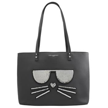 KARL LAGERFELD 卡爾 墨鏡亮片貓咪造型肩背托特包.黑