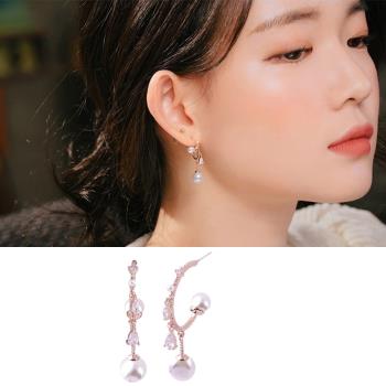 【Emi艾迷】韓星同款無耳洞浪漫勾勒珍珠綴鑽耳環耳夾(耳夾)