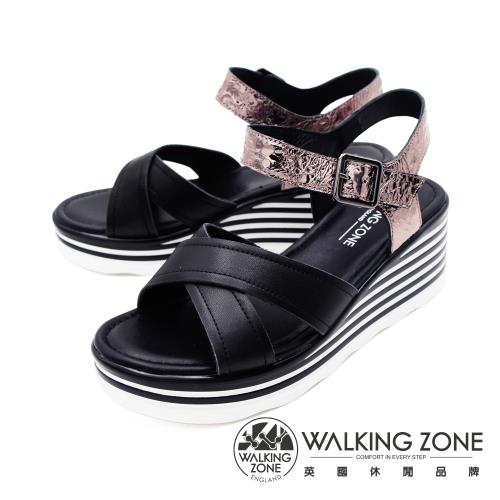 WALKING ZONE(女) 交叉帶楔型厚底彈力涼鞋 女鞋 -黑(另有鐵灰)
