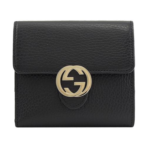 GUCCI 615525 金屬大雙G LOGO牛皮扣式中夾.黑