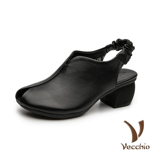 【Vecchio】真皮頭層牛皮復古手工擦色鬆緊帶包頭粗跟涼鞋 黑