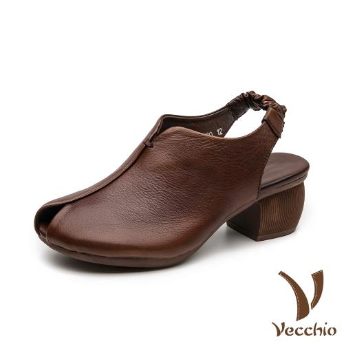 【Vecchio】真皮頭層牛皮復古手工擦色鬆緊帶包頭粗跟涼鞋 棕