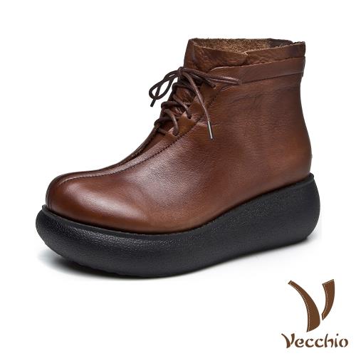 【Vecchio】真皮頭層牛皮V口綁帶造型復古厚底短靴 棕