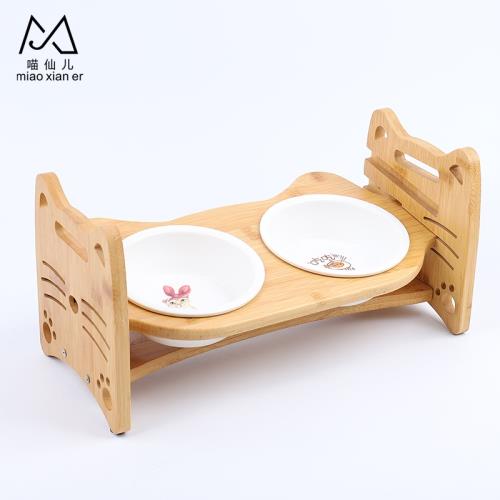喵仙兒-升降貓咪餐桌 斜面原木碗架(雙碗組)