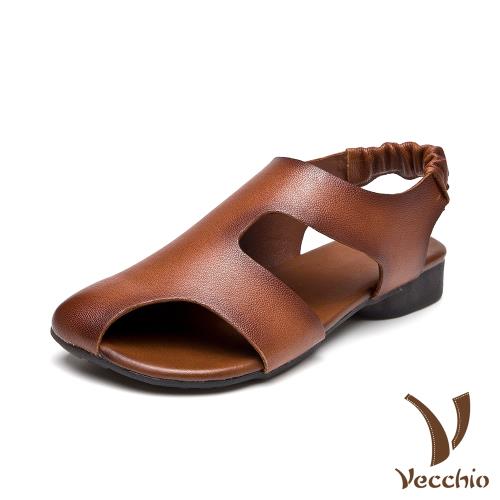 【Vecchio】真皮頭層牛皮復古挖空寬楦護趾低跟羅馬涼鞋 棕