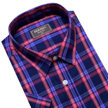 【MURANO】SLIM FIT 短袖襯衫-深藍粉條