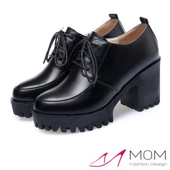 【MOM】真皮細緻牛皮復古版型厚底防水臺深口綁帶粗跟休閒鞋 黑