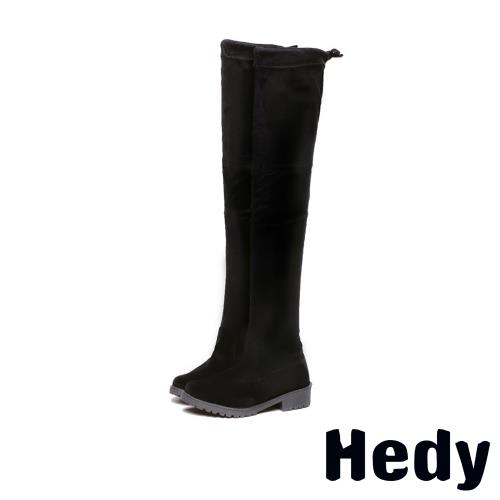 【Hedy】騎士風後綁帶彈力舒適低跟小圓頭過膝長靴 黑