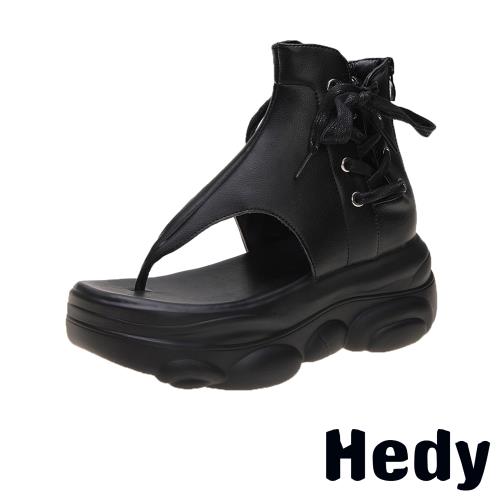 【Hedy】時尚厚底復古個性綁帶羅馬夾腳涼鞋 黑