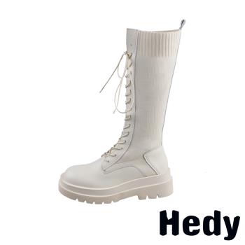 【Hedy】潮流時尚針織拼接復古長筒馬丁靴 米