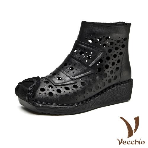 【Vecchio】真皮頭層牛皮復古縷空洞洞拼貼透氣坡跟短靴 黑