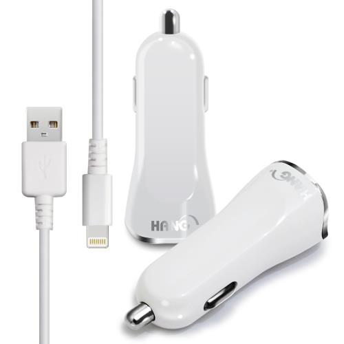HANG 台灣認證2.1A雙孔USB快速車充+iPhoneipad系列傳輸充電線-白色組