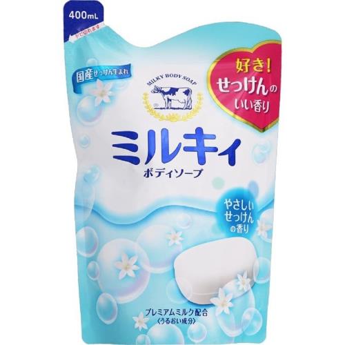 日本 牛乳石鹼  牛奶精華沐浴乳補充包400ml-皂香藍
