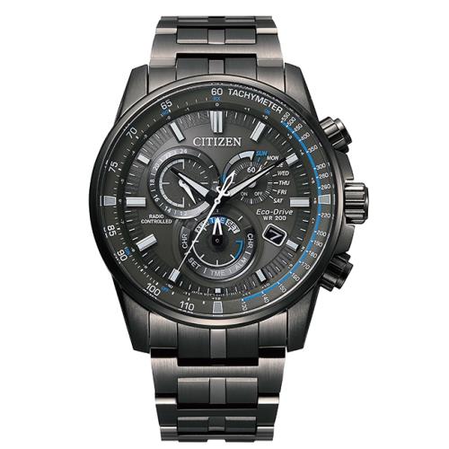【CITIZEN星辰】廣告款GENTS光動能電波對時三眼計時錶-灰藍色42.5mm(CB5887-55H)