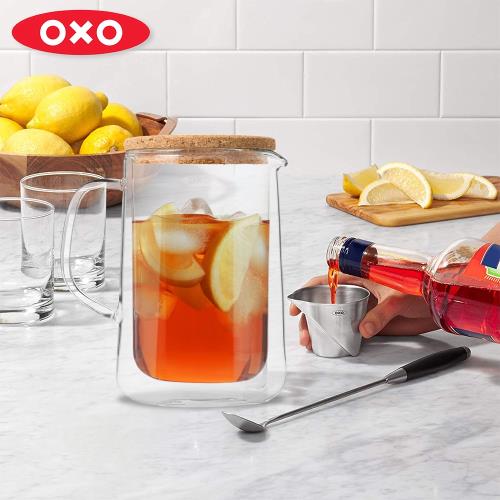 【OXO】迷你飲料吧三件組(調酒匙+雙層玻璃壺+不鏽鋼迷你量杯)