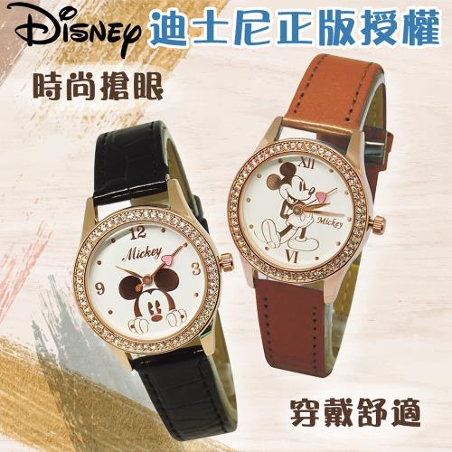 DF 童趣館 - 迪士尼玫瑰金水晶鑽時尚皮帶錶