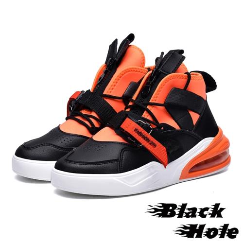 【Black Hole】彈力萊卡布拼接質感皮革織帶造型氣墊運動鞋 橘