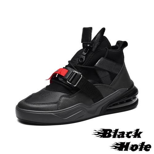 【Black Hole】彈力萊卡布拼接質感皮革織帶造型氣墊運動鞋 墨綠
