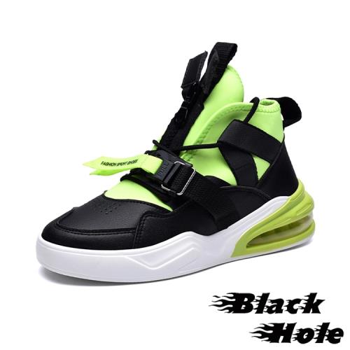 【Black Hole】彈力萊卡布拼接質感皮革織帶造型氣墊運動鞋 黑綠