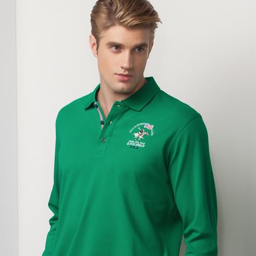 oillio歐洲貴族 男裝 長袖全棉彈力POLO衫 精緻電腦刺繡 素面上衣 綠色 -男款 吸濕排汗 縮口設計