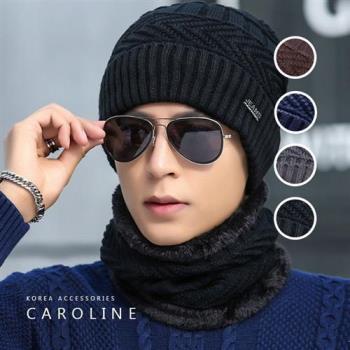《Caroline》韓版秋冬型男套頭帽貼布加绒保暖針織毛線帽圍脖2件套組72381