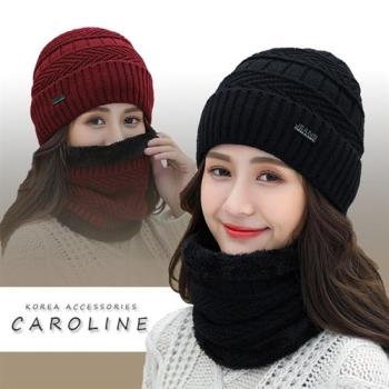 《Caroline》韓版秋冬套頭帽貼布加绒保暖針織毛線帽圍脖2件套組72382