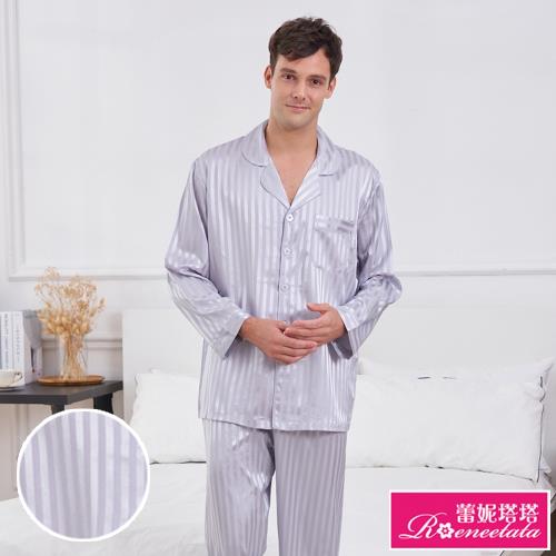 【蕾妮塔塔】經典條紋 彈性珍珠絲質男性長袖兩件式睡衣(98221-6灰)