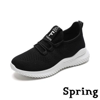 【SPRING】透氣網面飛織綁帶舒適休閒運動鞋 黑