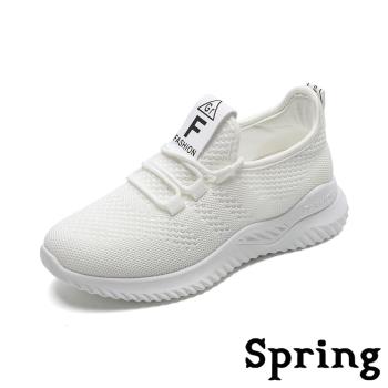 【SPRING】透氣網面飛織綁帶舒適休閒運動鞋 白