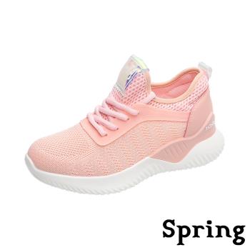 【SPRING】舒適網面透氣飛織厚底時尚運動鞋 粉