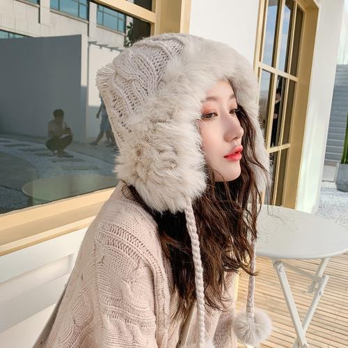 Acorn*橡果-韓系俏皮兔毛保暖防風護耳毛帽耳罩毛球帽1830(米色)