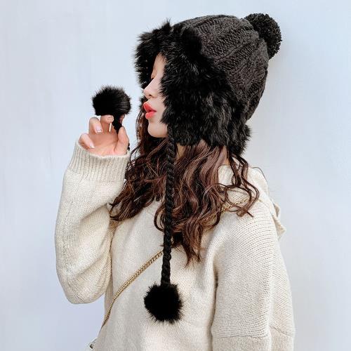 Acorn*橡果-韓系俏皮兔毛保暖防風護耳毛帽耳罩毛球帽1830(黑色)